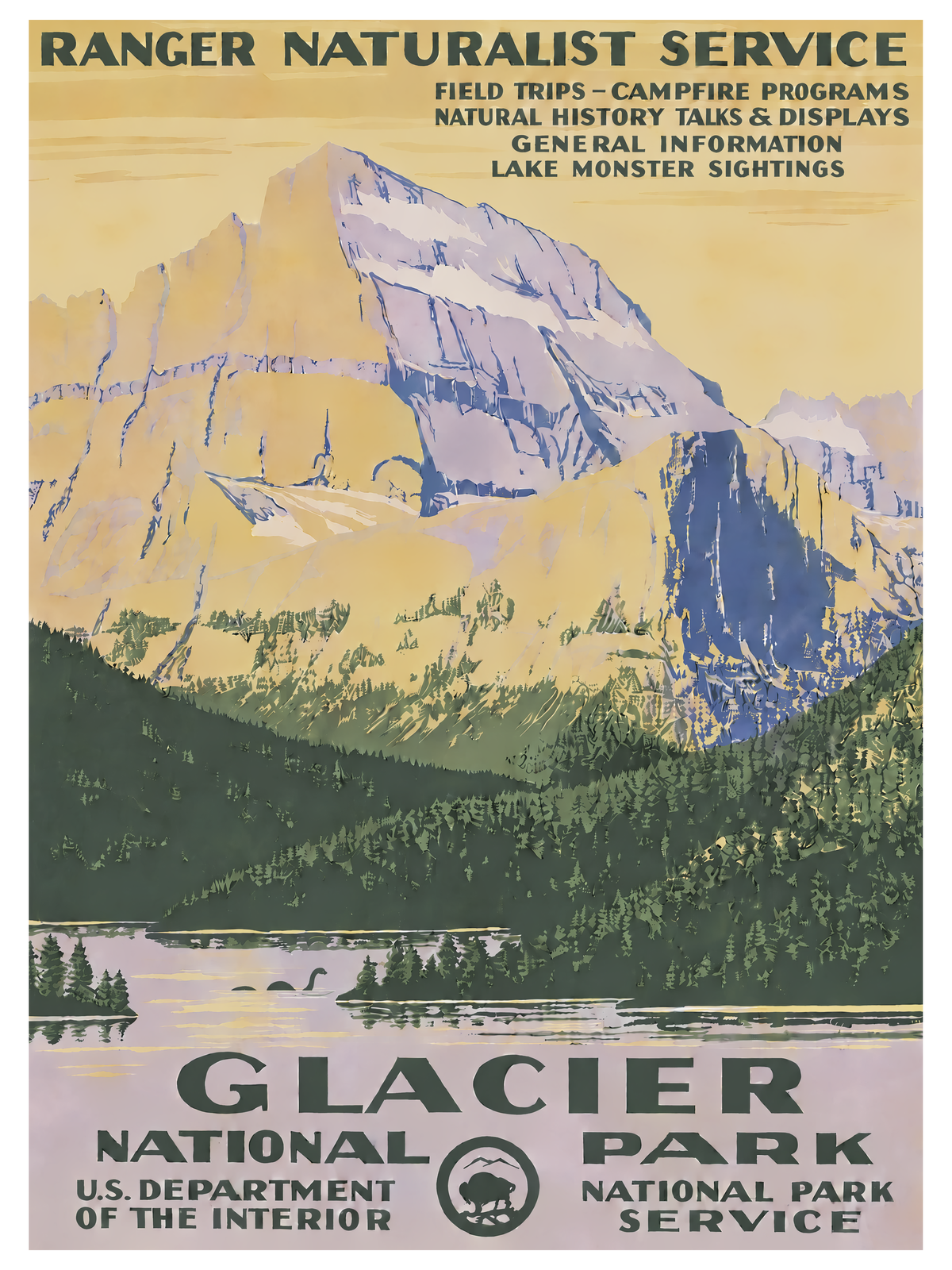 Glacier National Park — Lake Monster Sightings — complete unframed 12 × 16-inch print